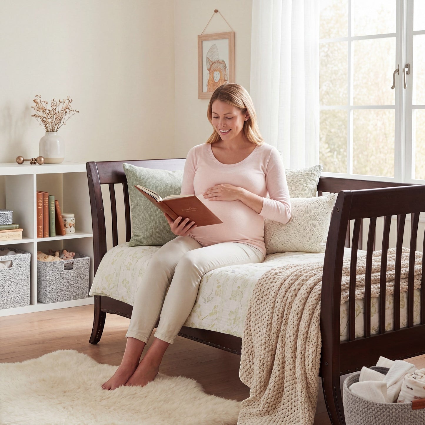 Modugreen Baby Laurel conversion kit transforming a dark wood slat crib into a cozy daybed with a pregnant woman.