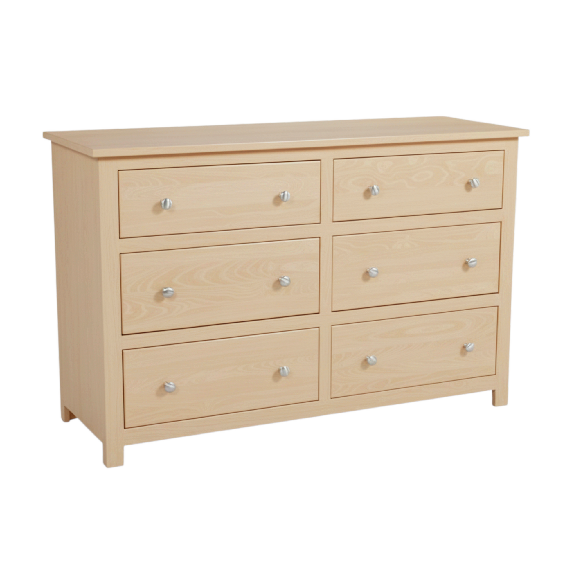 Beige dresser with six drawers on a white background