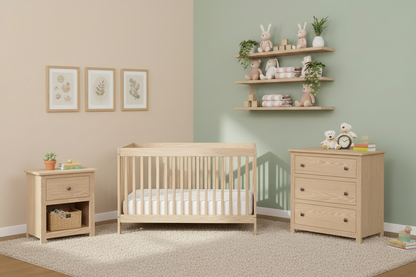 Nursery room with wooden crib, dresser, and shelves against a light green wall.