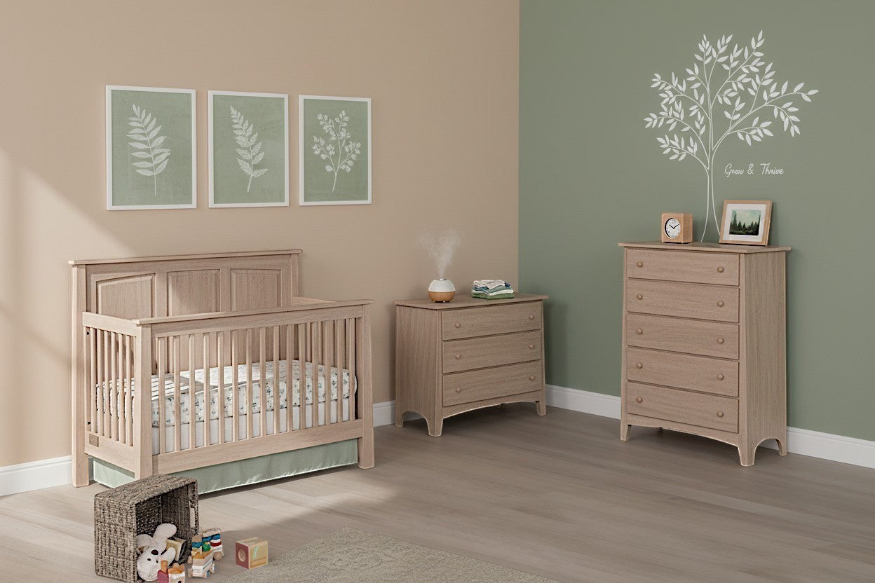 Modugreen Baby Linden 4-in-1 convertible panel crib in natural wood finish with paneled headboard and slatted sides.