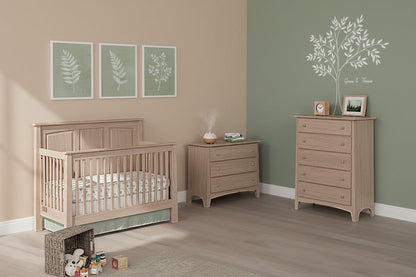 Modugreen Baby Linden 4-in-1 convertible panel crib in natural wood finish with paneled headboard and slatted sides.