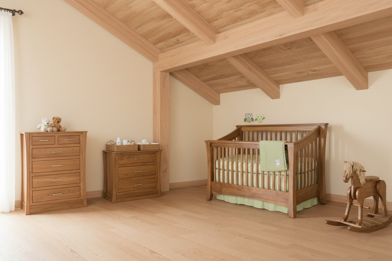 Nursery room with wooden furniture and toys on a wooden floor.