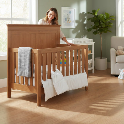 Modugreen Baby Arbor 4-in-1 Convertible Panel Crib in natural wood finish. Features solid wood back panel and slatted sides.