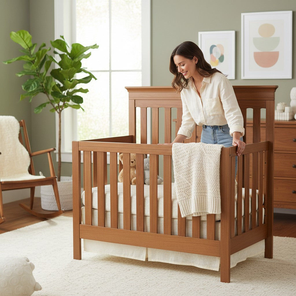 Modugreen Baby Arbor 4-in-1 Convertible Slat Crib in natural wood finish with clean lines and tapered legs.