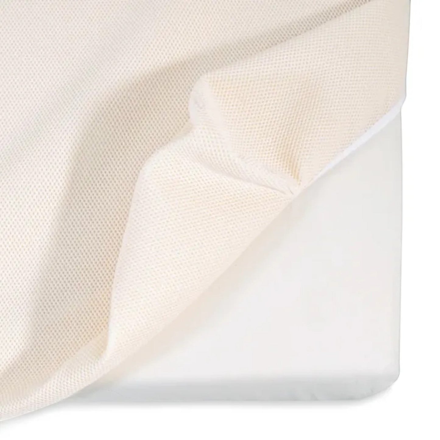Modugreen Baby breathable crib mattress cover with organic cotton surface and 3D mesh for airflow on a white mattress.