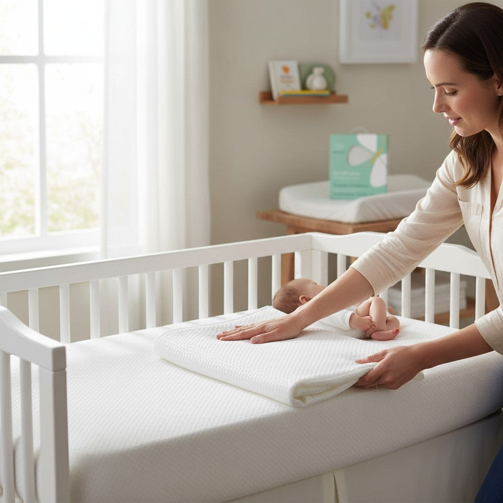 Mother placing a white Modugreen Baby breathable crib mattress cover over a baby lying in a white wooden crib.