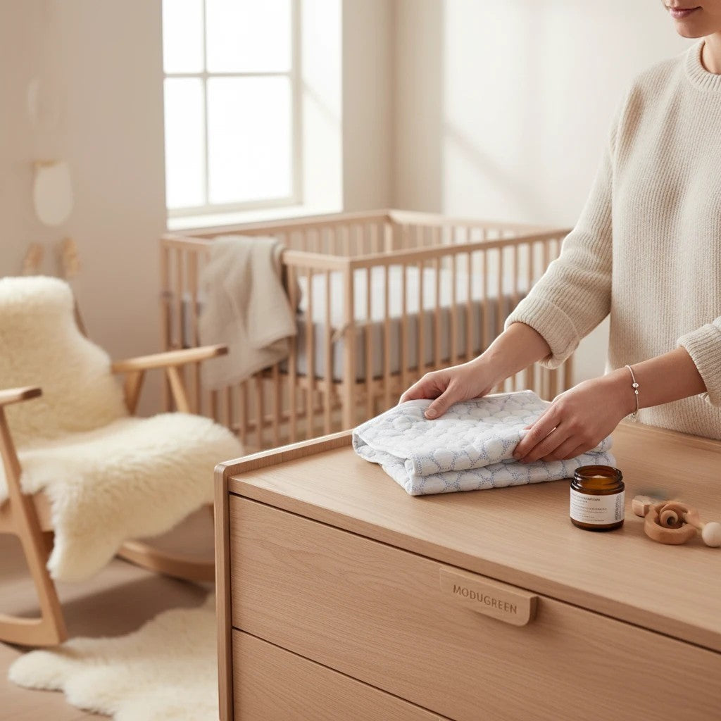 Modugreen Baby Gentle Start breathable crib mattress cover with blue leaf pattern held by a woman in a nursery.