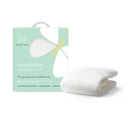 Modugreen Baby Breathe-Safe white 3D polyester lattice crib mattress cover with waterproof backing in packaging.