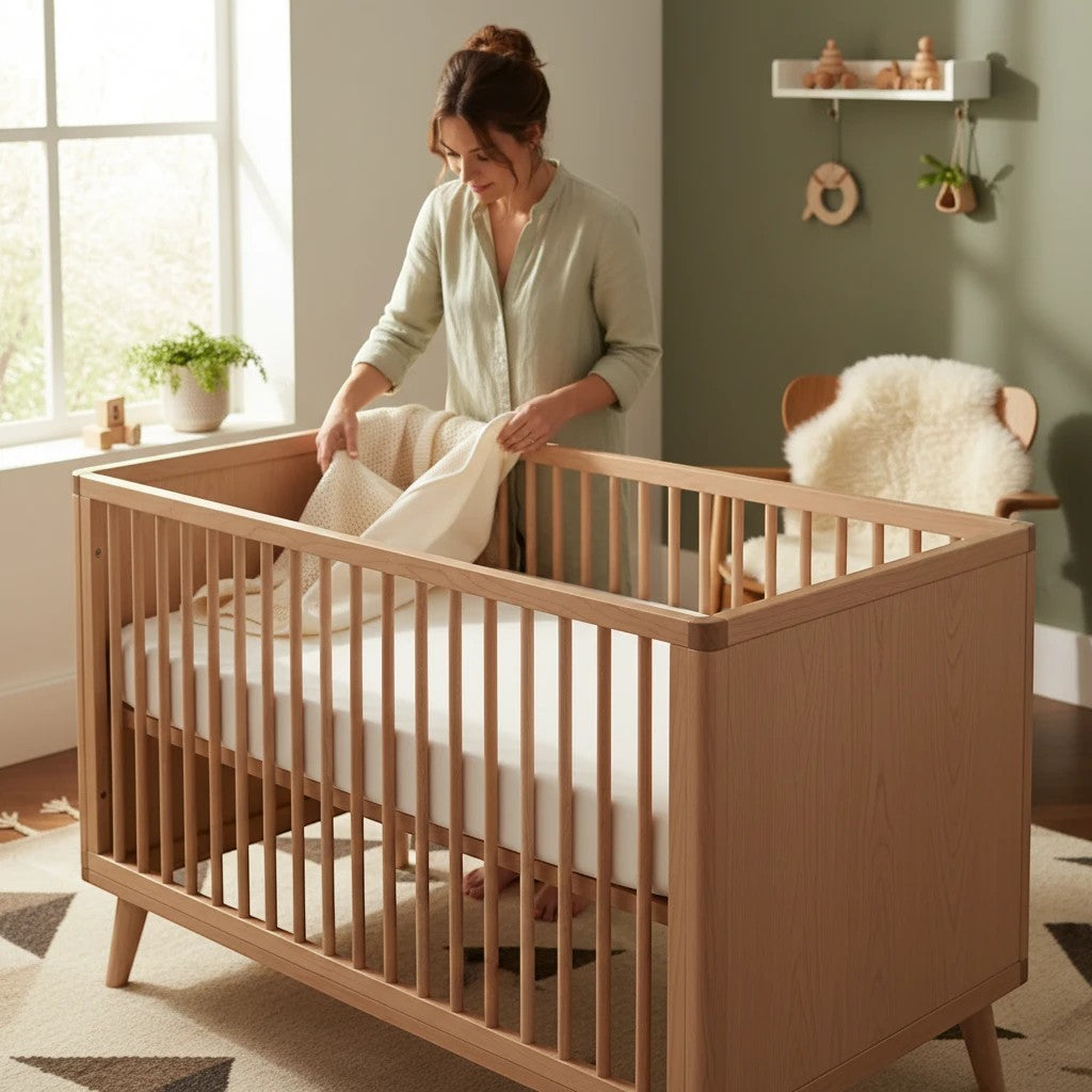 Modugreen Baby breathable crib mattress cover with organic cotton and 3D mesh being placed on a wooden crib by a mother