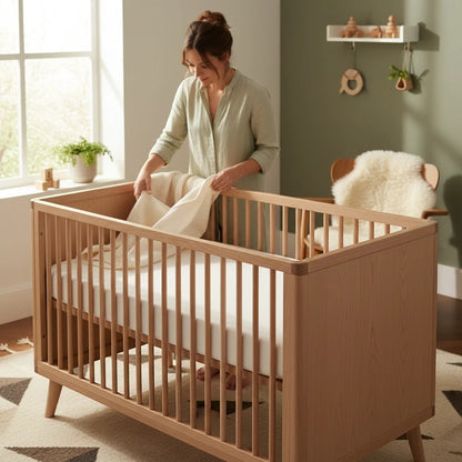 Modugreen Baby breathable crib mattress cover with organic cotton and 3D mesh being placed on a wooden crib by a mother