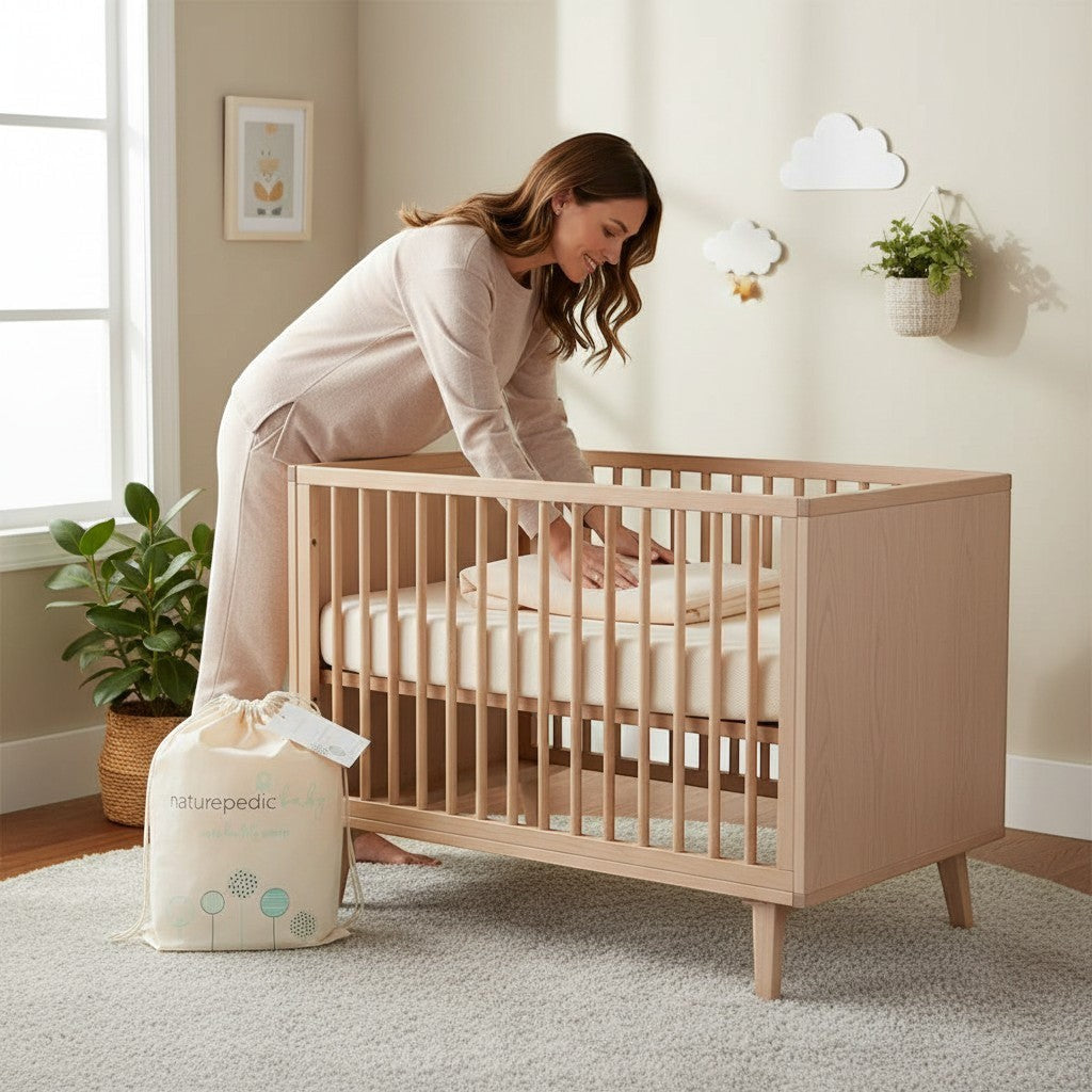 Modugreen Baby breathable mini crib mattress cover in natural organic cotton with waterproof backing in a nursery.