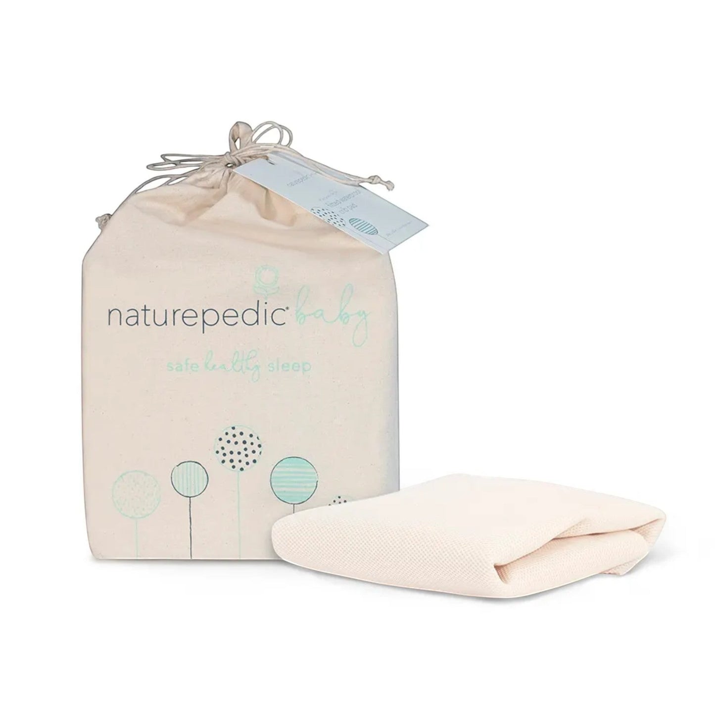 Modugreen Baby breathable mini crib mattress cover in natural organic cotton with 3D mesh, shown with its storage bag.