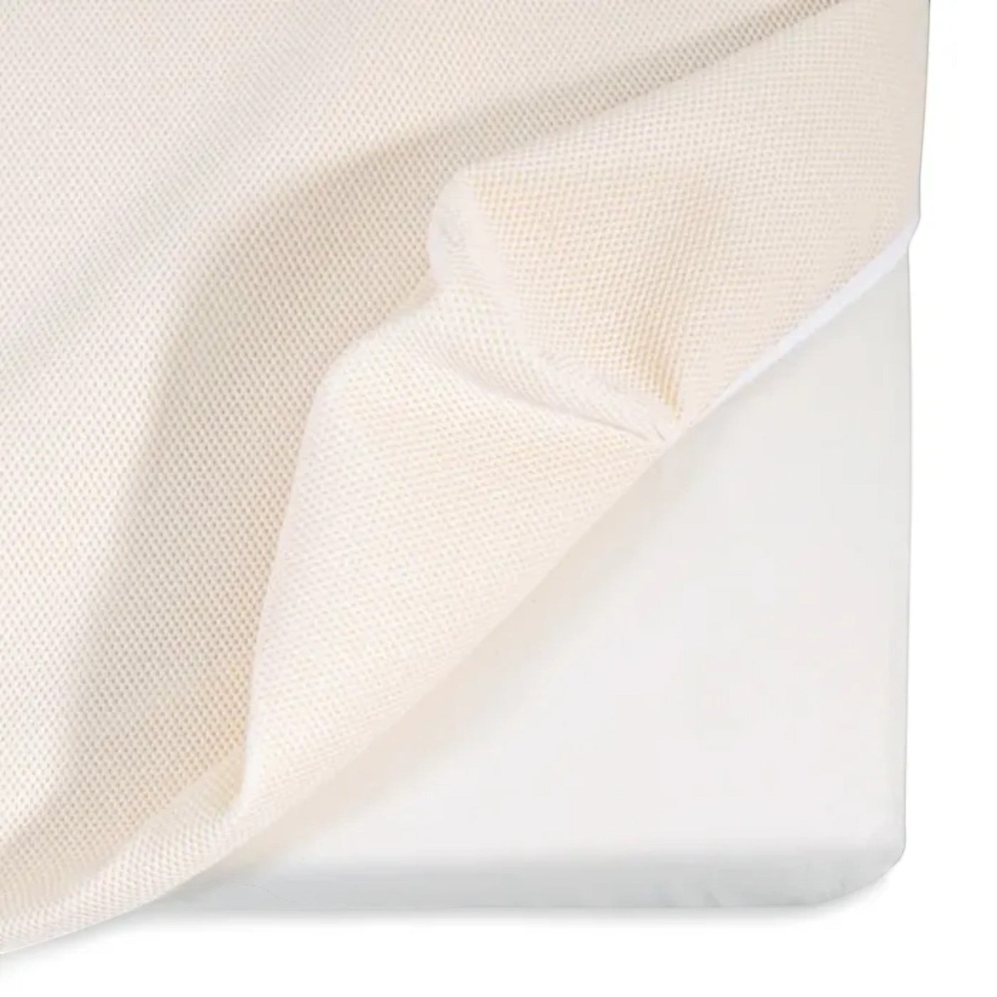 Modugreen Baby breathable mini crib mattress cover in natural organic cotton with a 3D polyester mesh lattice surface.