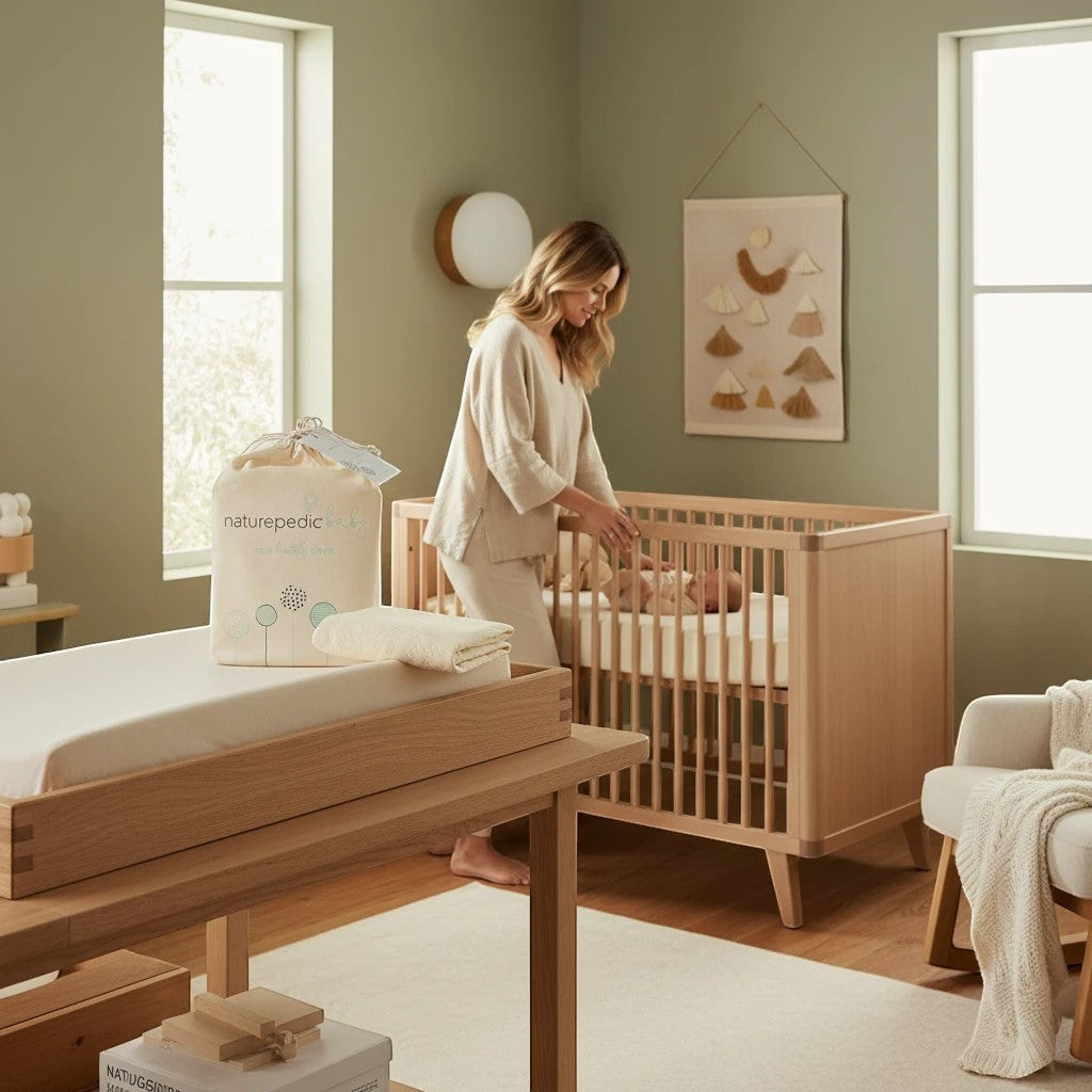 Modugreen Baby breathable organic cotton crib mattress cover in a modern nursery with a mother and baby.