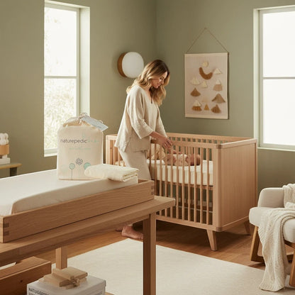 Modugreen Baby breathable organic cotton crib mattress cover in a modern nursery with a mother and baby.