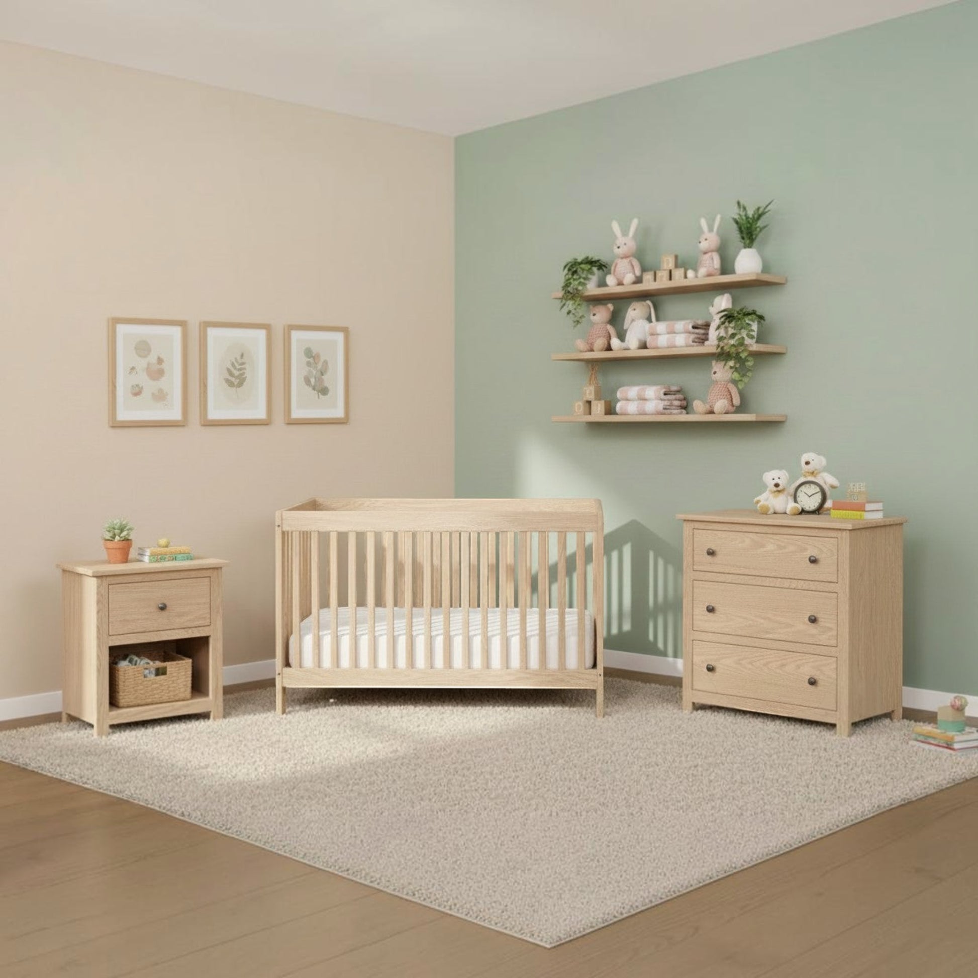 Modugreen Baby Canopy 4-in-1 convertible crib in solid light hardwood with a clean, bolt-free design in a modern nursery.