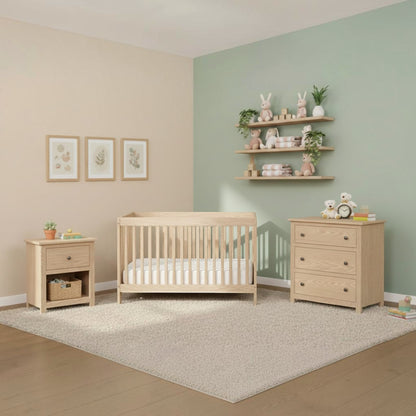Modugreen Baby Canopy 4-in-1 convertible crib in solid light hardwood with a clean, bolt-free design in a modern nursery.