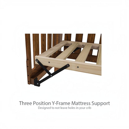 Modugreen Baby Canopy crib featuring a three-position Y-frame mattress support system with solid wood construction.