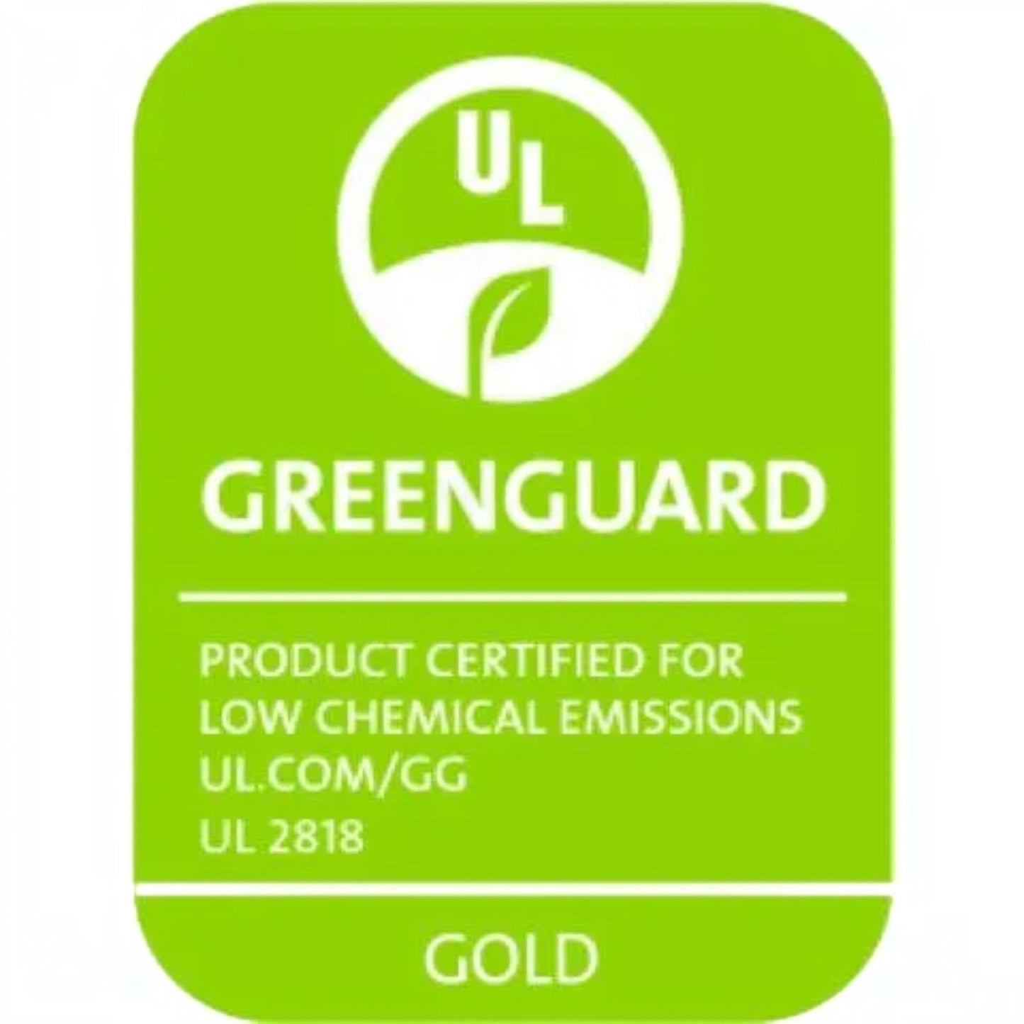 Modugreen Baby GREENGUARD Gold certification logo for low chemical emissions on a bright green background