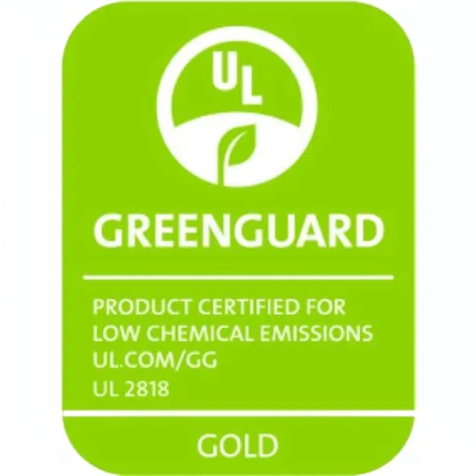 Modugreen Baby GREENGUARD Gold certification logo for low chemical emissions on a bright green background
