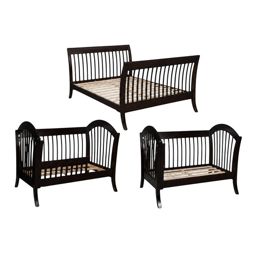 Modugreen Baby Laurel conversion kit showing full-size, toddler, and day bed configurations in dark solid hardwood.