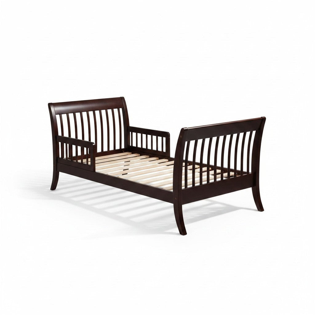 Modugreen Baby Laurel conversion kit for slat crib in dark wood, configured as a toddler bed with safety rail.