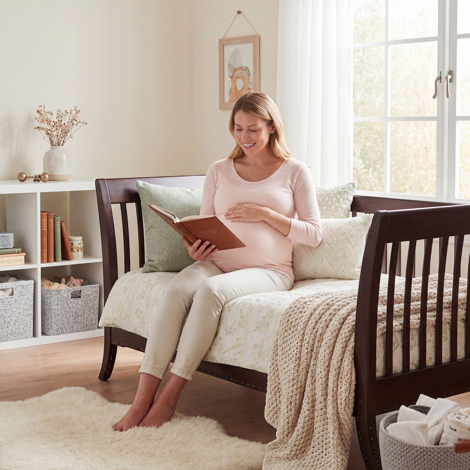 Modugreen Baby Laurel conversion kit transforming a dark wood slat crib into a cozy daybed with a pregnant woman.