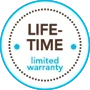 Modugreen Baby lifetime limited warranty badge for organic crib mattress, featuring a circular design with blue trim.