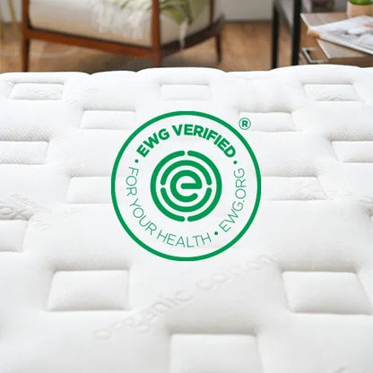 Modugreen Baby Lullaby Earth 2-stage crib mattress with white organic cotton surface and EWG VERIFIED seal.