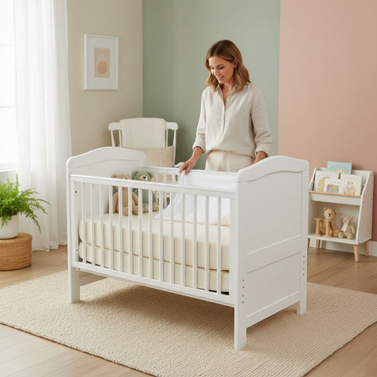 Modugreen Baby woman making a white crib with a Lullaby Earth 2-stage non-toxic mattress in a modern nursery.