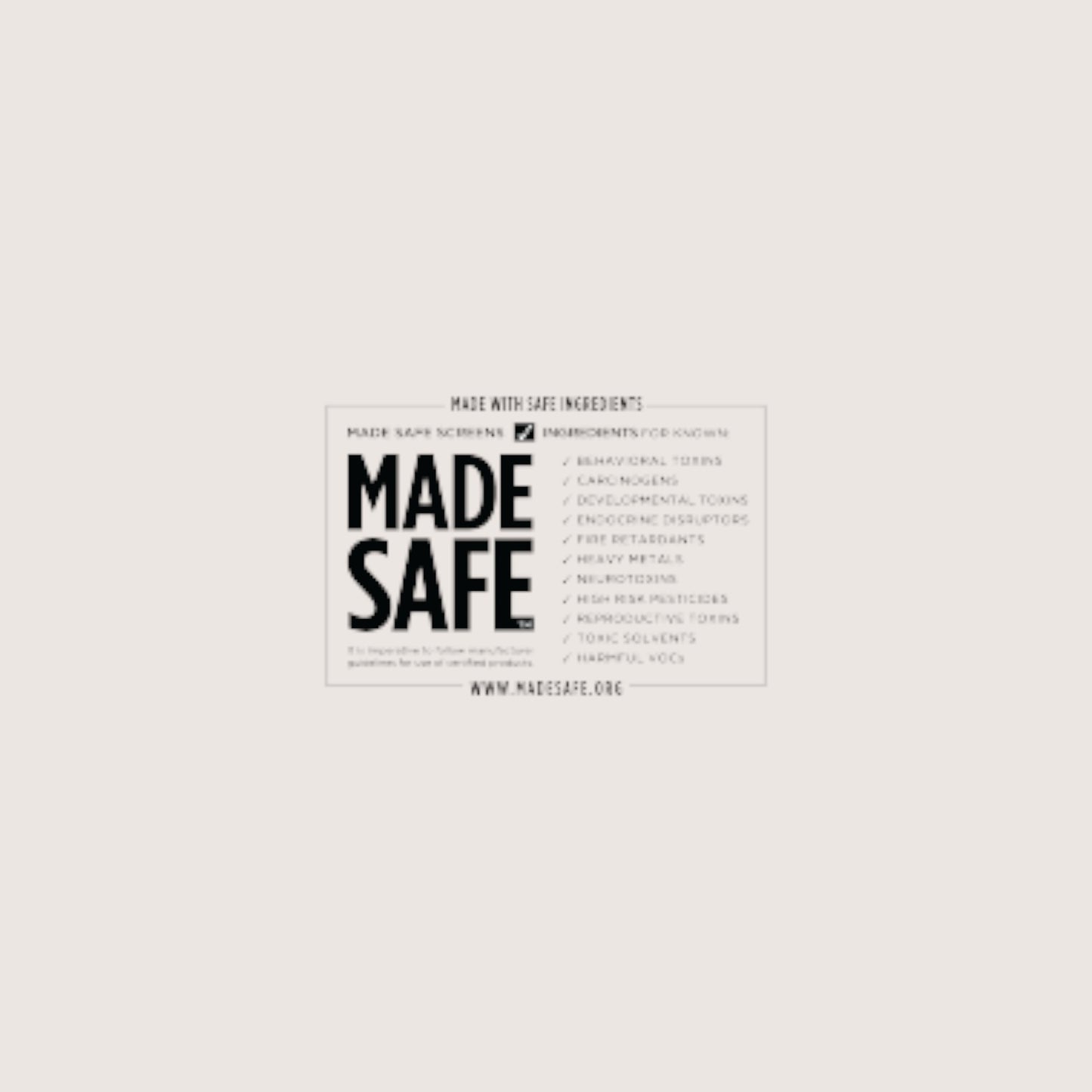 Modugreen Baby MADE SAFE certification label for organic cotton muslin crib sheets, ensuring non-toxic materials.