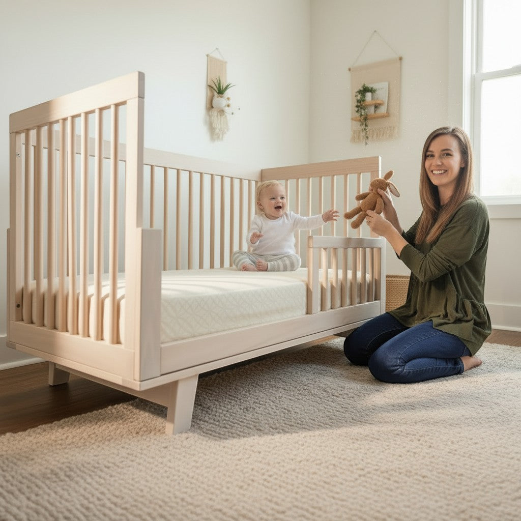 Modugreen Baby organic 2-stage crib mattress in a wooden crib with a smiling mother and baby playing in a nursery.