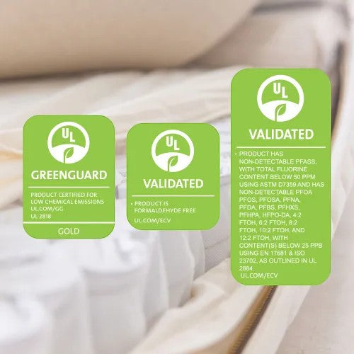 Modugreen Baby organic cotton crib mattress showing GREENGUARD Gold and chemical-free validation certification labels.