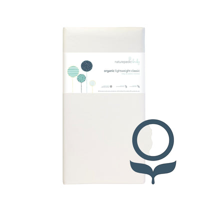 Modugreen Baby white organic cotton innerspring crib mattress with firm infant support and waterproof surface.