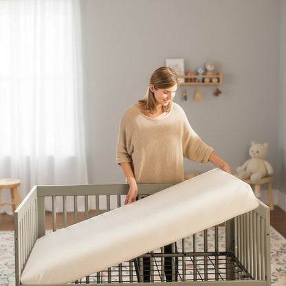 Modugreen Baby woman placing a cream organic cotton innerspring crib mattress into a grey crib. Features firm infant support.