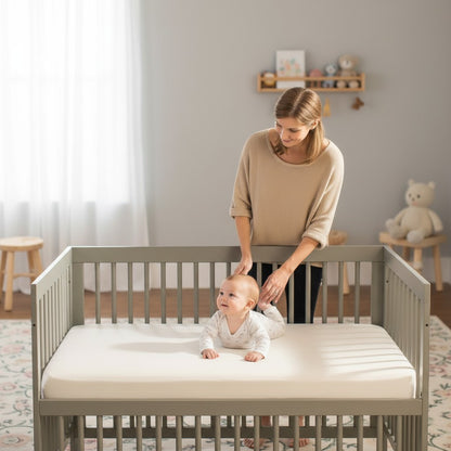 Modugreen Baby Naturepedic Classic Organic Crib Mattress, a firm innerspring mattress with a waterproof surface, shown with a baby crawling and a mother nearby.