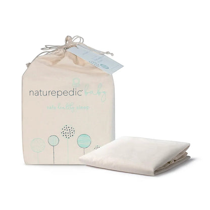 Modugreen Baby organic cotton fitted crib mattress protector pad in its eco-friendly drawstring storage bag.