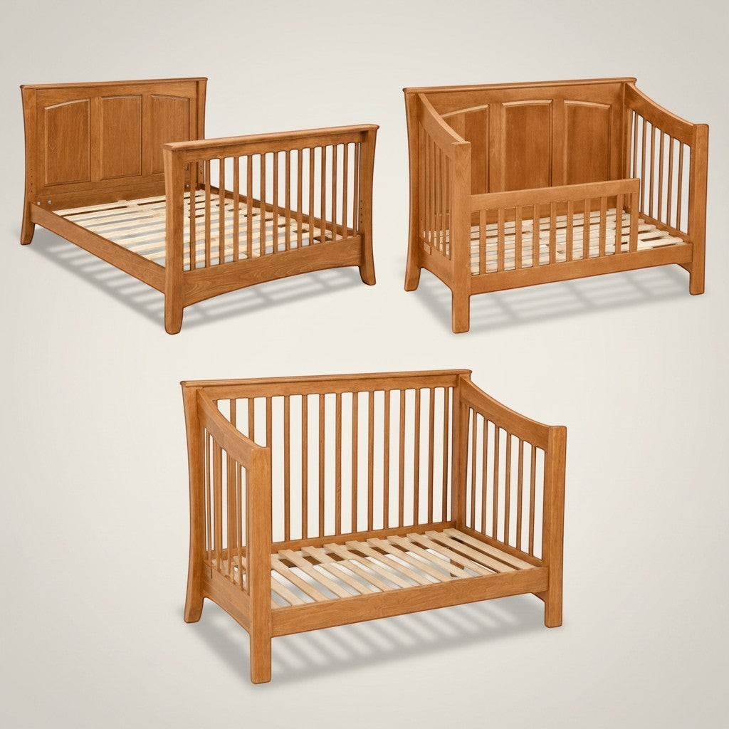 Modugreen Baby Sylvan Conversion Kit in natural wood, showing full bed, toddler bed, and day bed configurations. Solid hardwood construction.