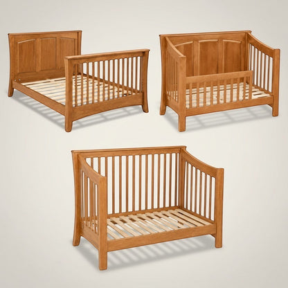 Modugreen Baby Sylvan Conversion Kit in natural wood, showing full bed, toddler bed, and day bed configurations. Solid hardwood construction.