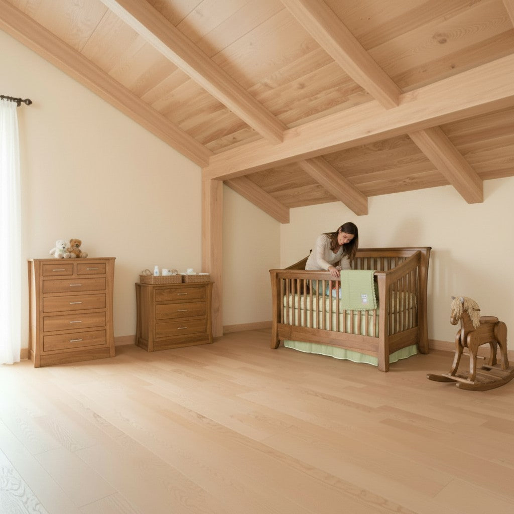 Modugreen Baby Sylvan 4-in-1 convertible solid hardwood crib in a natural wood finish within a cozy nursery setting.