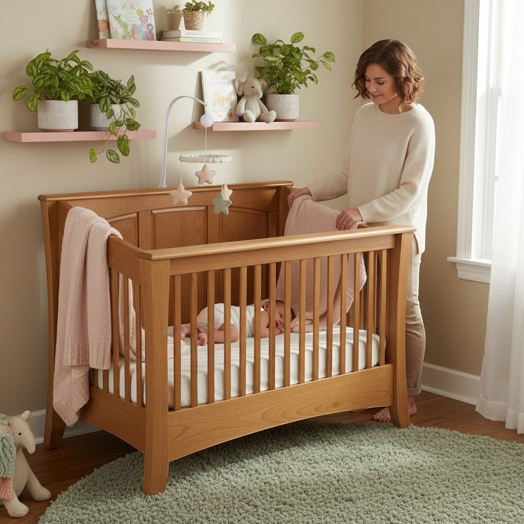 Modugreen Baby Sylvan 4-in-1 convertible solid hardwood crib with a natural wood finish in a cozy nursery setting.
