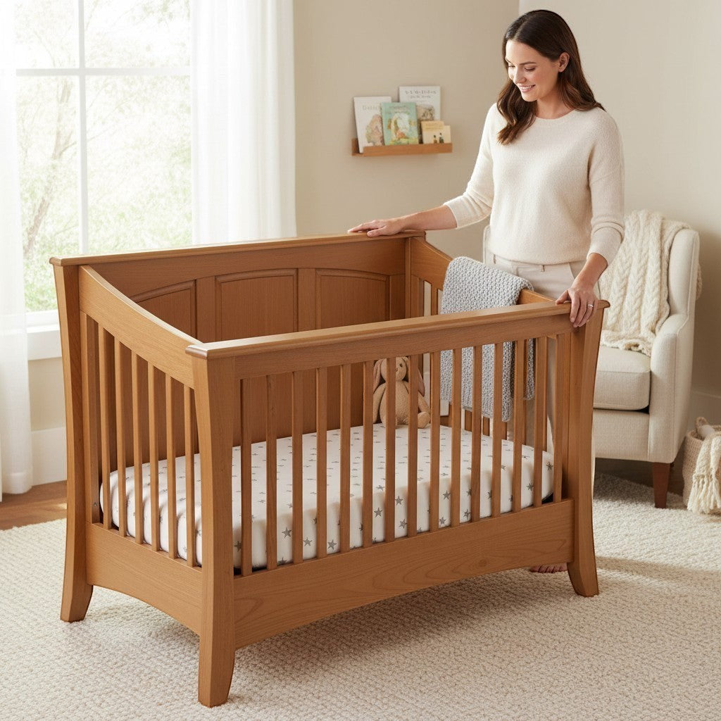 Modugreen Baby Sylvan 4-in-1 solid hardwood convertible crib with bowed edges and natural wood finish in a nursery.