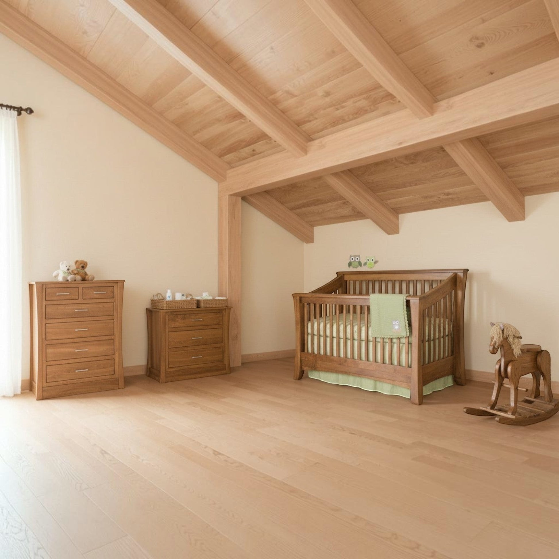 Modugreen Baby Sylvan 4-in-1 convertible solid hardwood crib with bowed edges in a rustic nursery with wood ceiling.