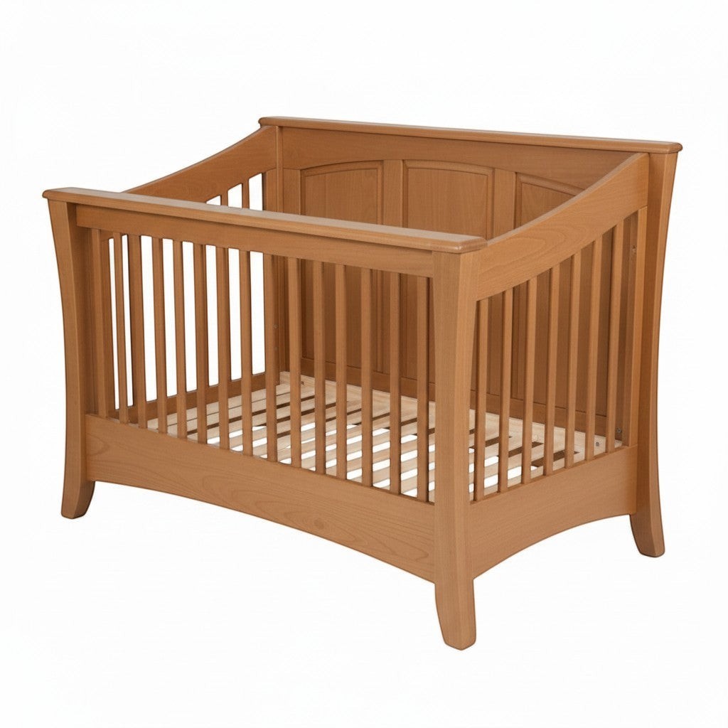 Modugreen Baby Sylvan 4-in-1 convertible crib in solid natural hardwood with a bowed panel design and clean finish.