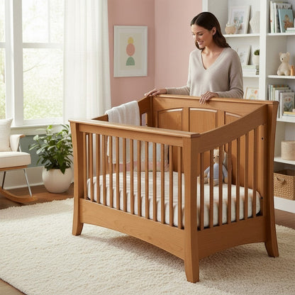 A woman stands behind a Modugreen Baby Sylvan 4-in-1 solid hardwood crib with a natural finish in a bright nursery.