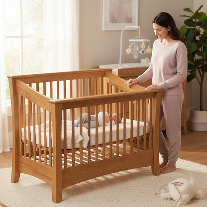 Modugreen Baby Sylvan 4-in-1 convertible solid hardwood crib with bowed edges and vertical slats in a nursery setting.