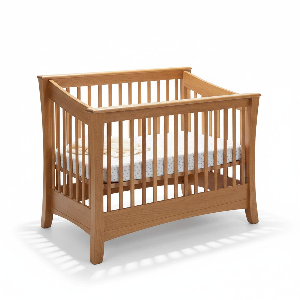 Modugreen Baby Sylvan 4-in-1 convertible crib in solid hardwood with a natural finish and elegant bowed slat design.