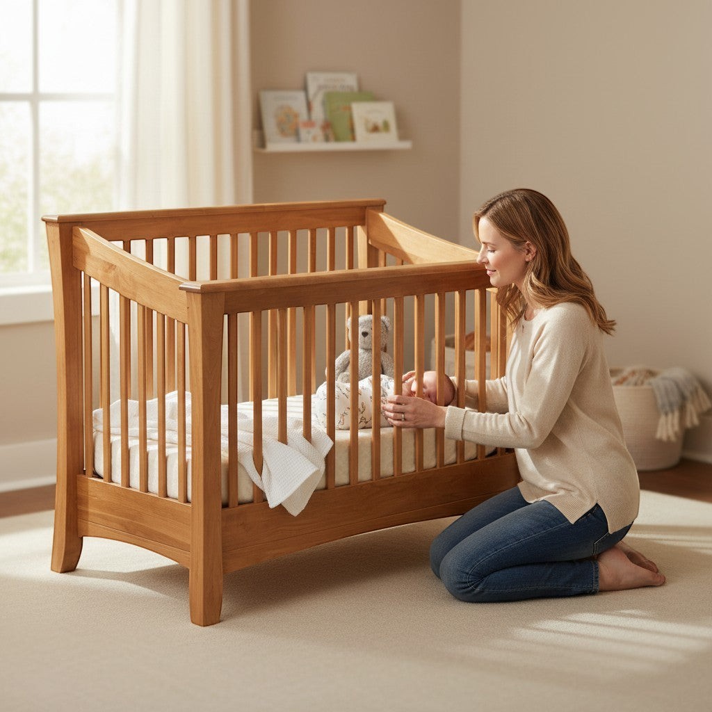 Mother kneeling beside a Modugreen Baby Sylvan 4-in-1 solid hardwood slat crib with a natural wood finish.