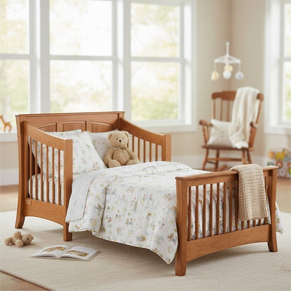 Modugreen Baby Sylvan Conversion Kit for Panel Crib in natural wood finish, converting to a toddler bed with bedding and teddy bear.