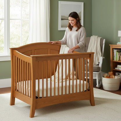 Modugreen Baby Sylvan conversion kit for panel crib in solid hardwood with a natural finish in a cozy nursery.
